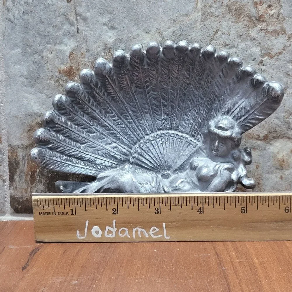 Vintage Cast Metal Trinket Dish Feather Fan Boudoir Lady - Picture 8 of 11